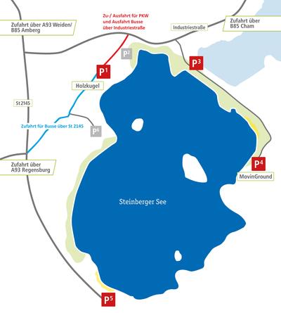 Bild vergr&ouml;&szlig;ern: Verkehrsf&uuml;hrung und Parken am Steinberger See. Achtung: F&uuml;r Busse gilt eine gesonderte Verkehrsf&uuml;hrung.
